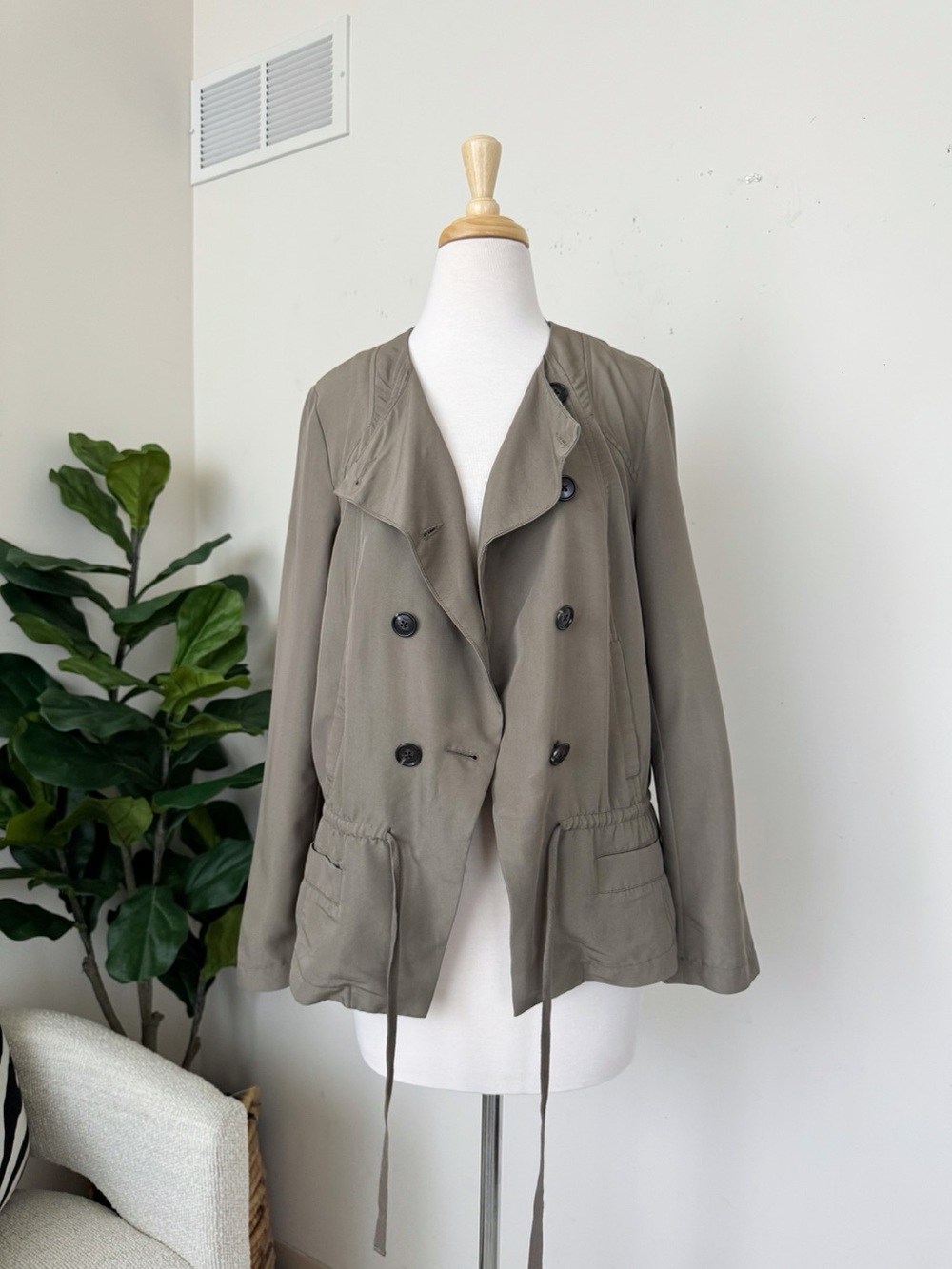 Kensie Olive Green Double-Breasted Drawstring Trench Coat